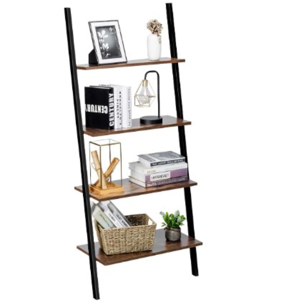 Industrial 4-Tier Ladder Shelf, Living Room Office Bookshelf, Multipurpose Storage Rack Shelves with Metal Frame, Plant Flower Stand (Rustic Brown)